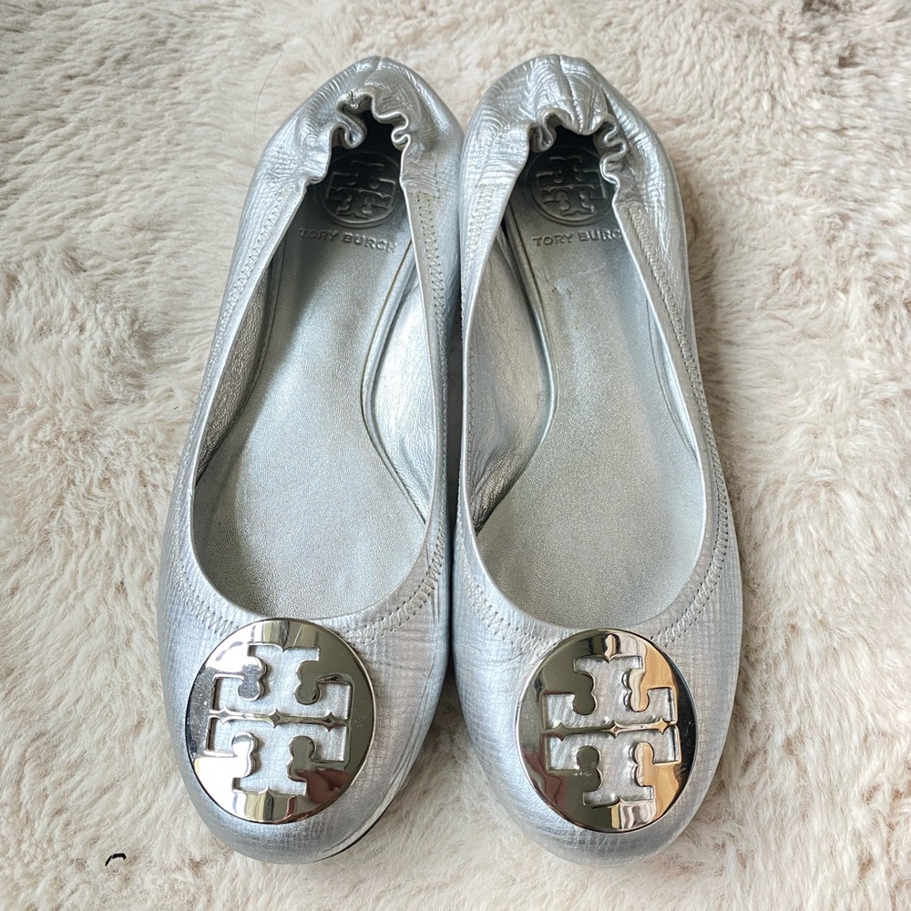 Tory Burch Metallic Silver Ballet Travel Flats Women’s Size 6.5
